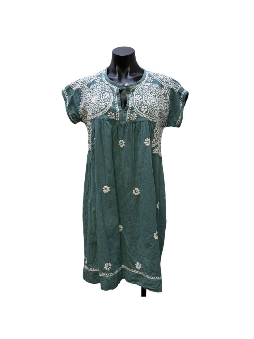 Dolma Embroidered Teal Cotton Dress With White Floral Design M